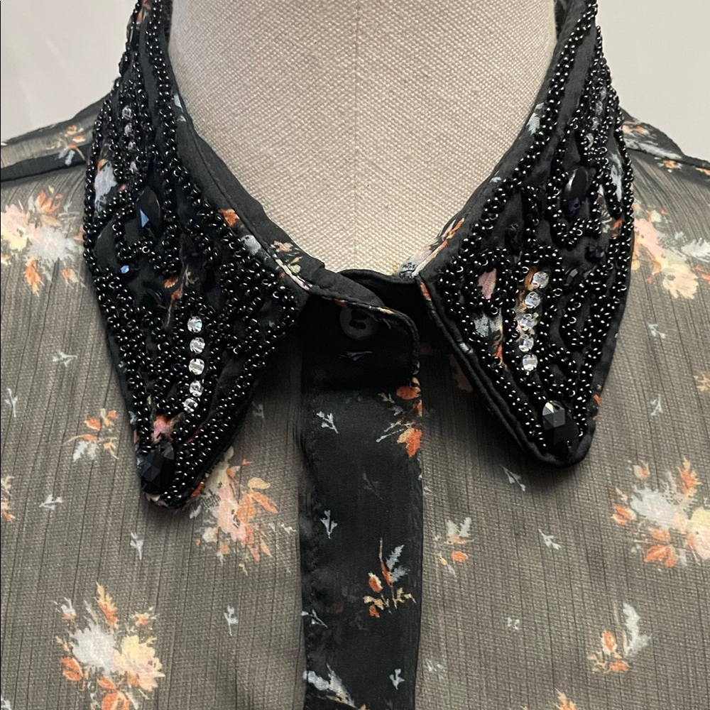 Topshop Black goth Floral Romantic whimsigoth Sheer Y2K Beaded Collar Blouse